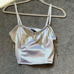Custom Made White Satin Jewel Crop Top